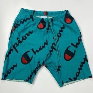 Champion Reverse Weave All over Print Script Green Shorts Size Medium